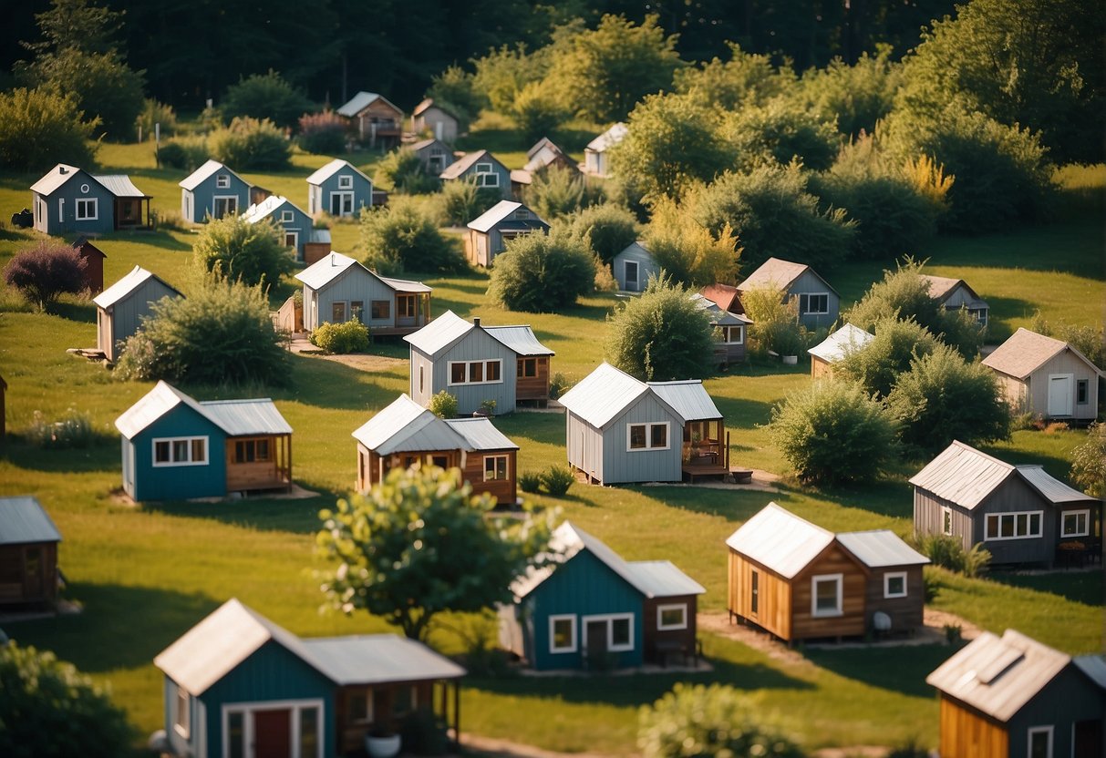 A cluster of tiny houses nestled in a serene Indiana landscape, with communal spaces and gardens, showcasing the legal and practical aspects of tiny house living