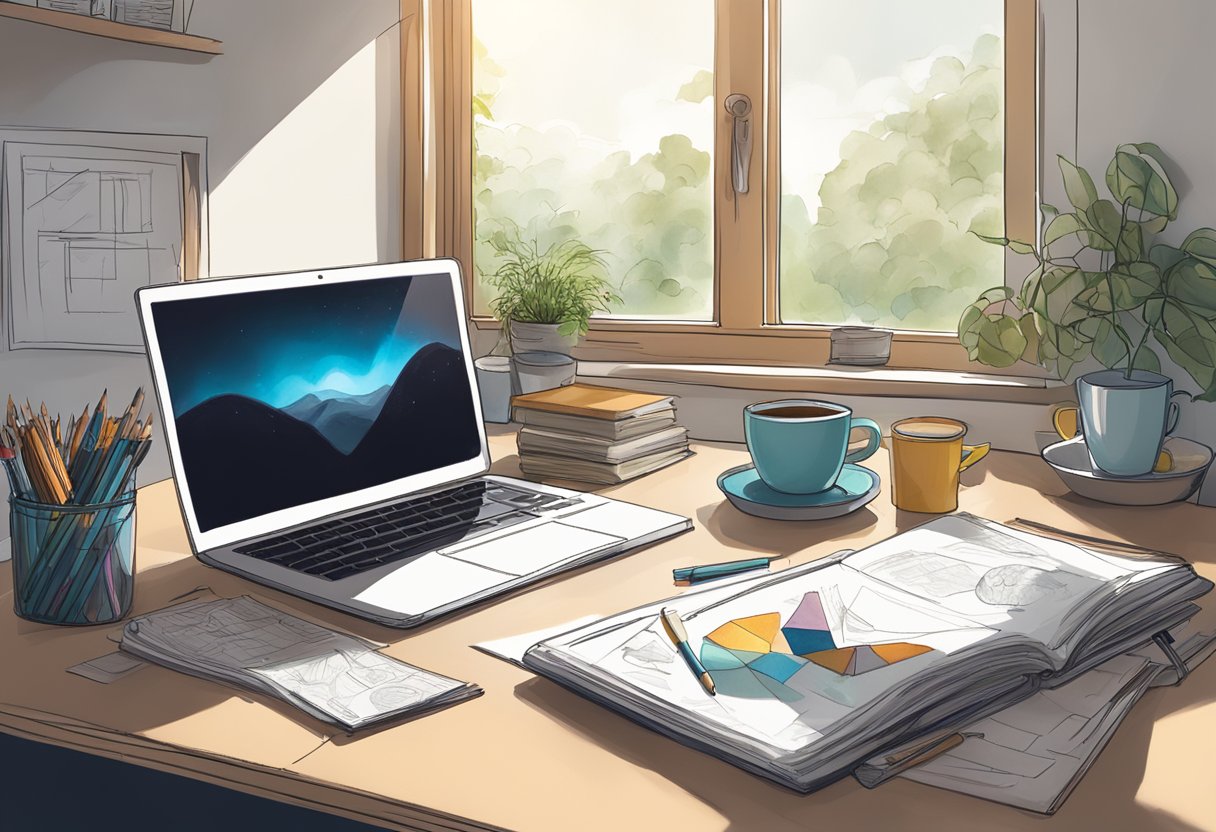 A cluttered desk with art supplies, sketches, and a laptop. A window lets in natural light, illuminating the space. A cup of coffee sits next to a notebook filled with ideas