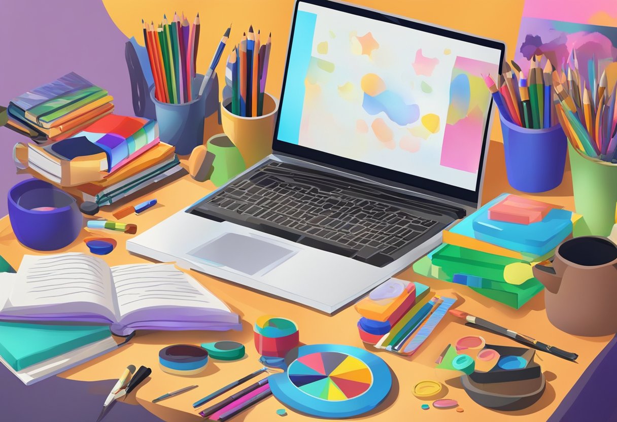 Vibrant colors and diverse art supplies scattered on a table, with books and a laptop open to art history and theory
