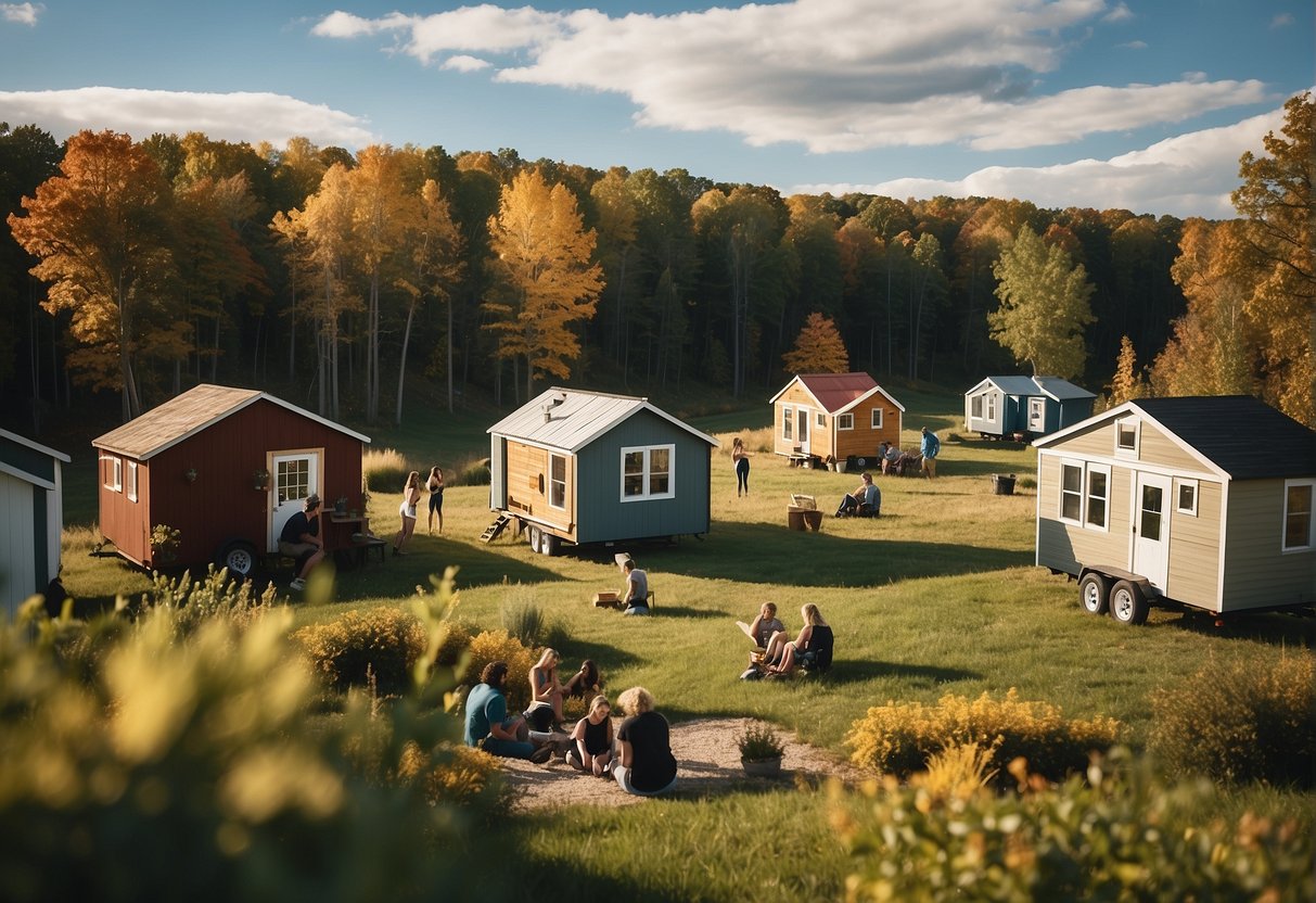 A cluster of tiny houses nestled amidst Michigan's serene landscape, with residents engaging in communal activities and sharing a sense of close-knit community