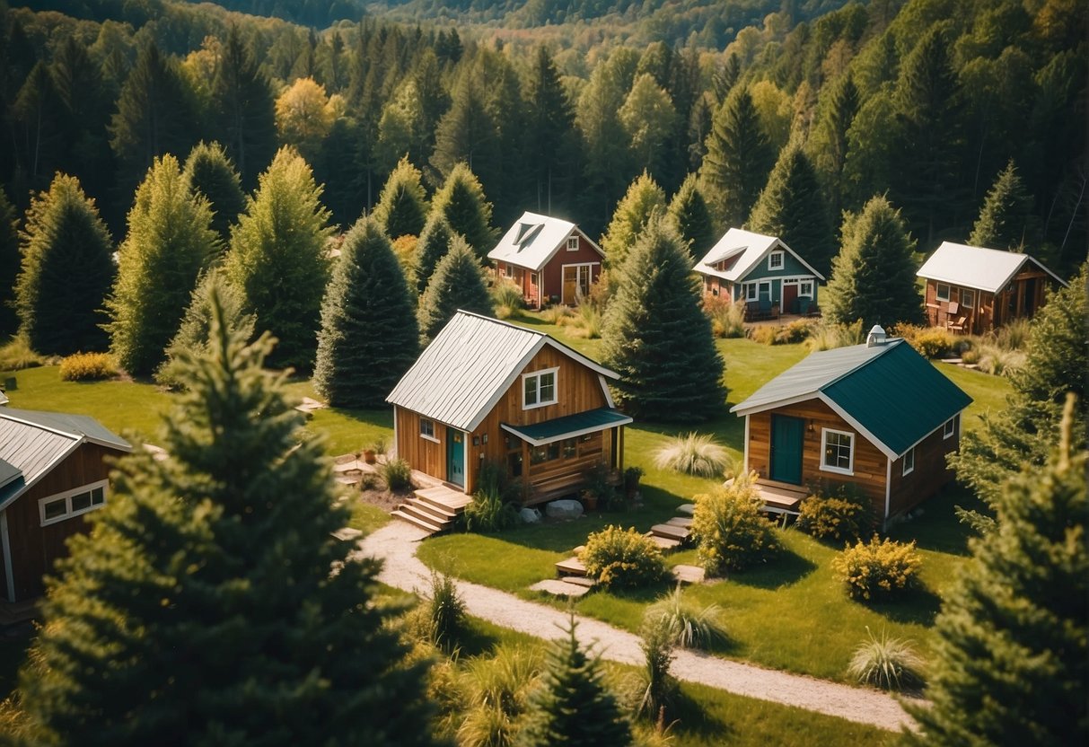 A cluster of tiny houses nestled in a Michigan landscape, surrounded by trees and nature, with a sense of community and togetherness
