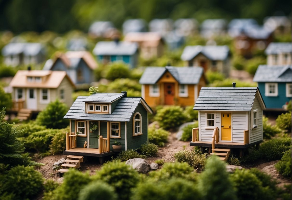 A cluster of tiny houses nestled among the lush greenery of Michigan, with a sign indicating "Tiny House Community" and a gathering area for residents