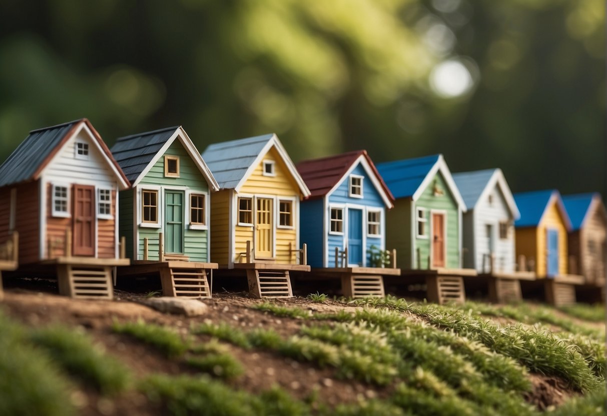 A row of tiny houses nestled among the rolling hills of North Carolina, surrounded by lush green trees and a clear blue sky above