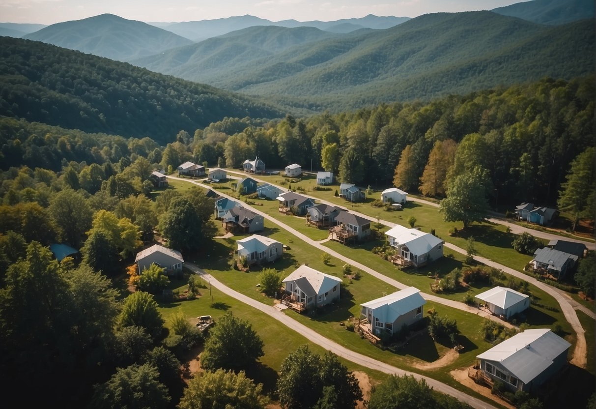 Aerial view of North Carolina's tiny house communities nestled among lush greenery and rolling hills