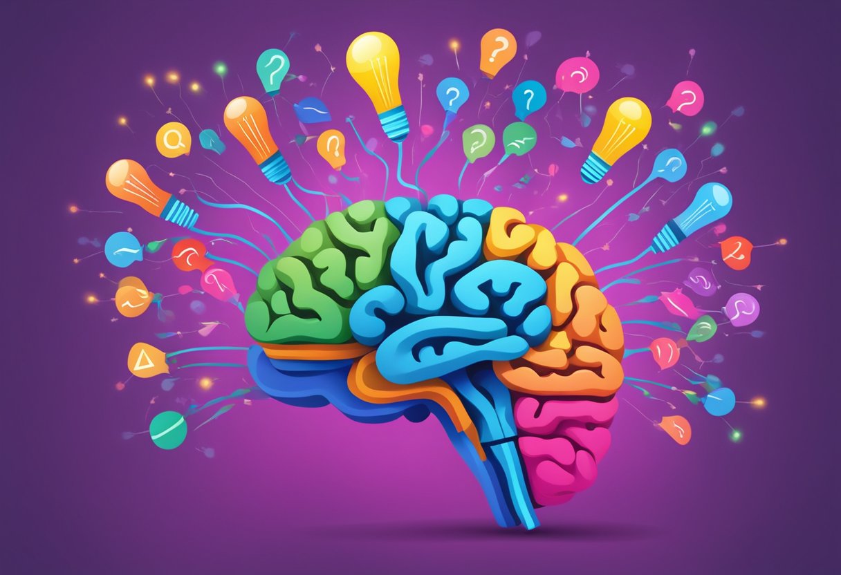 A colorful brain surrounded by question marks, lightbulbs, and arrows, representing the impact of art on cognitive processes