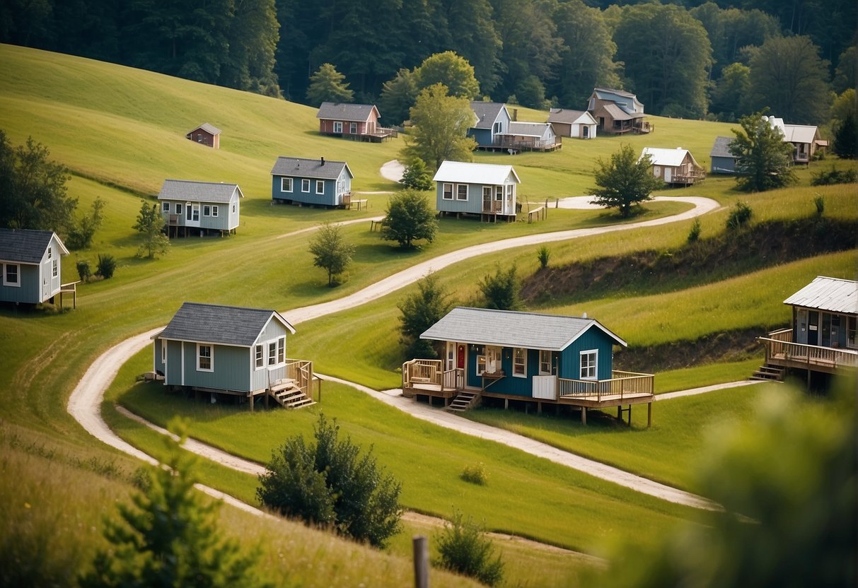 A cluster of tiny houses nestled in the rolling hills of North Carolina, with a communal area and winding pathways connecting the homes