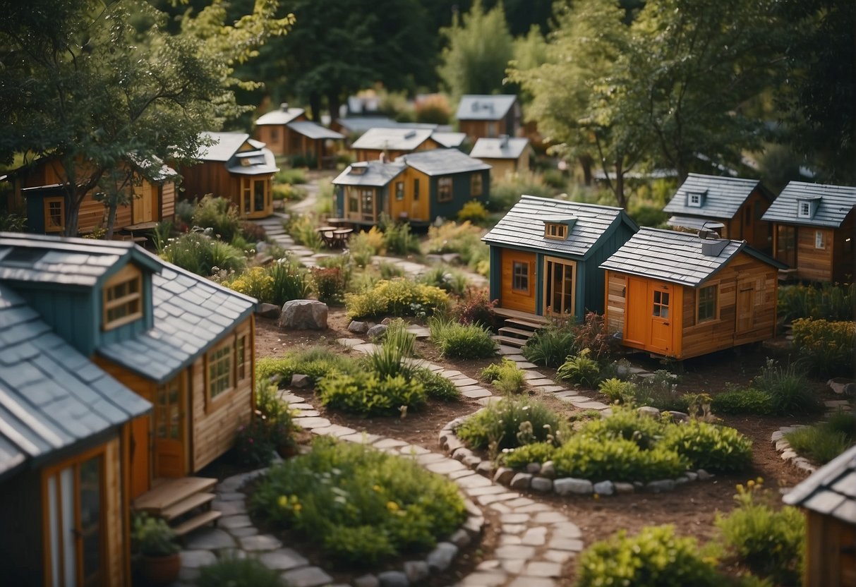 A cluster of tiny houses nestled among trees, with winding pathways and communal areas, creating a sense of community and togetherness