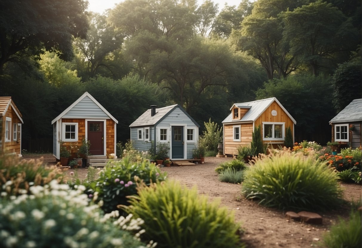 A group of tiny houses nestled in a serene, natural setting with communal spaces and gardens, creating a sense of community and shared living