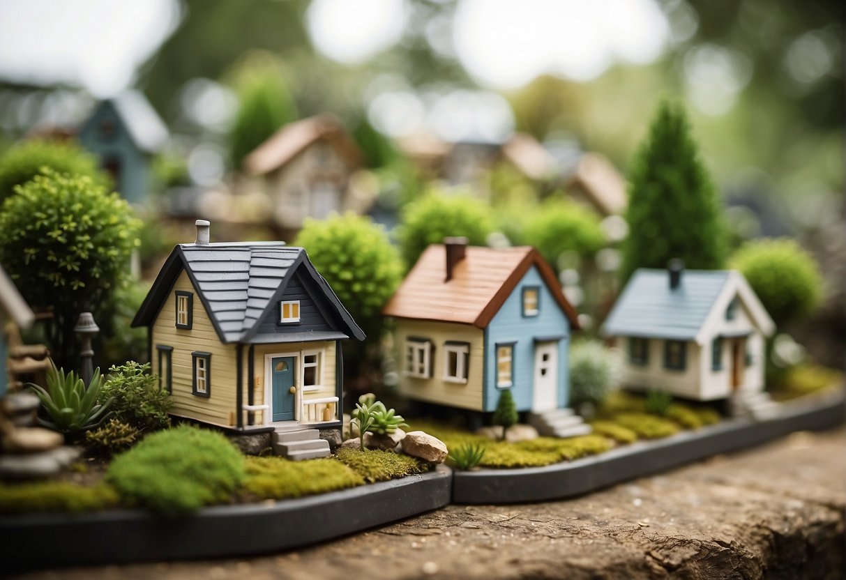 A cluster of tiny houses nestled in a serene community, surrounded by lush greenery and winding pathways. A signpost at the entrance reads "Tiny House Community."