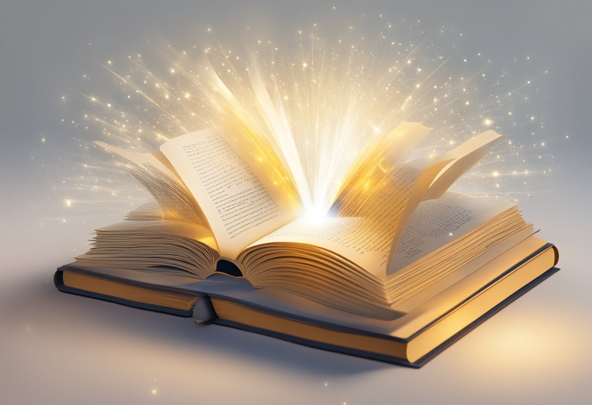 A book open, pages turning, with a beam of light shining down, surrounded by floating words and symbols