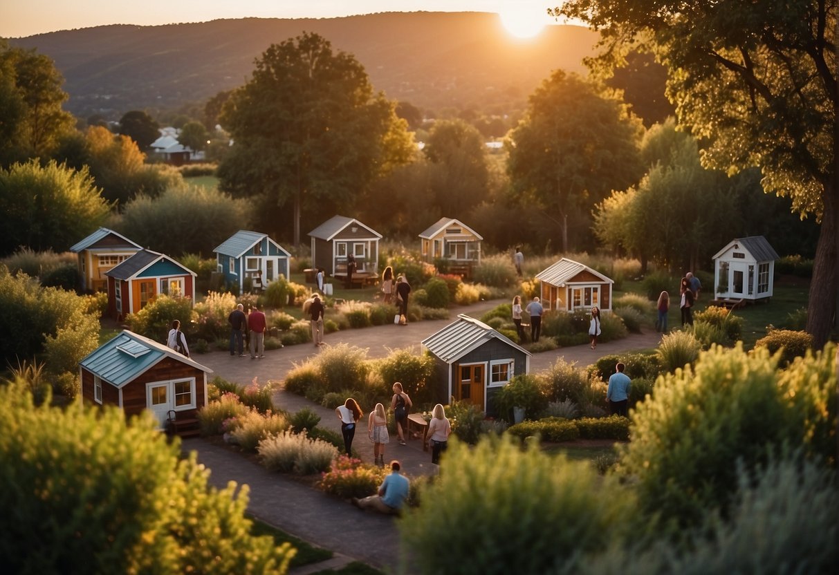 People gather around tiny houses in a community setting. Each house is unique and surrounded by greenery. The sun sets in the background, casting a warm glow over the scene