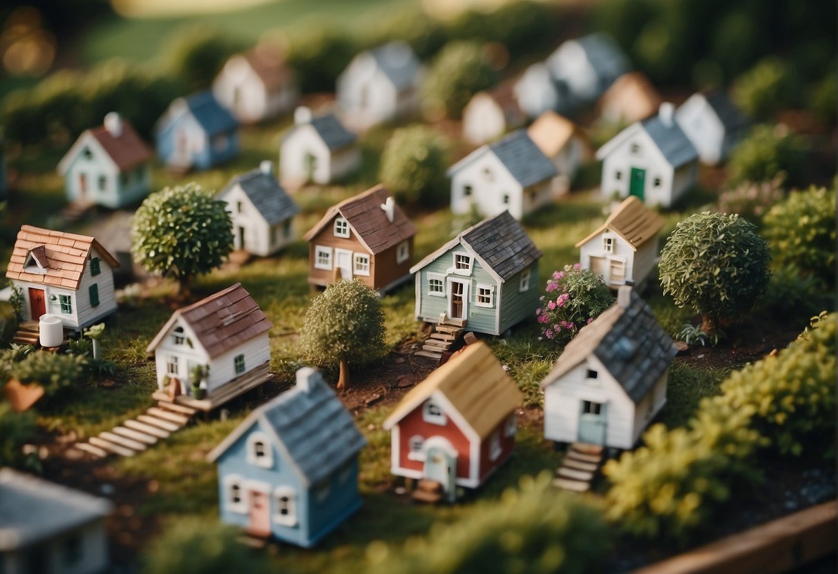 A group of tiny houses clustered together, surrounded by trees and a communal garden, with a sign reading "Frequently Asked Questions: Are there tiny house communities?"