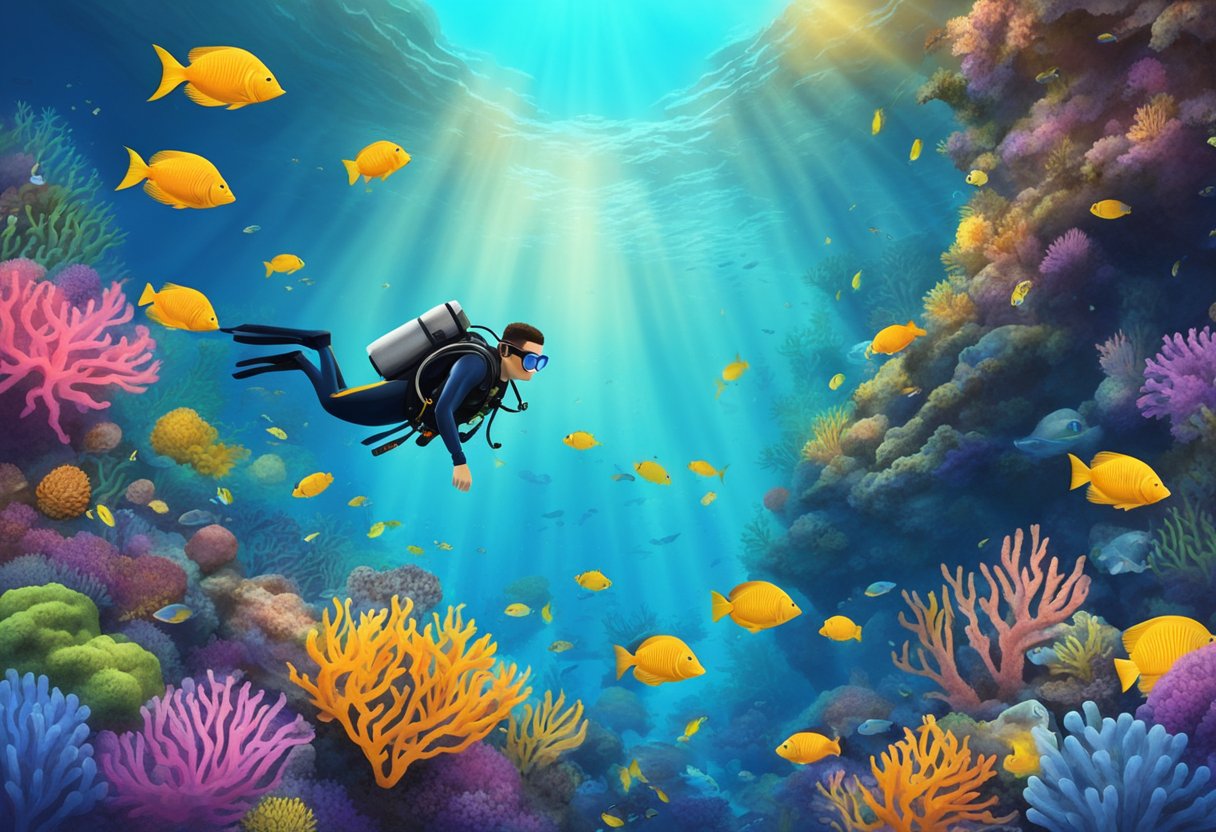 A scuba diver explores a vibrant coral reef, surrounded by colorful fish and marine life. They navigate through underwater caves, learning and growing with each dive