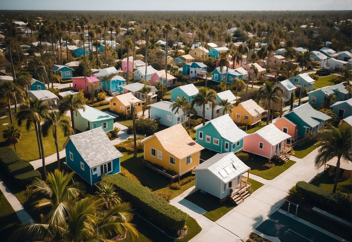 A cluster of colorful tiny houses nestled among palm trees in a sunny Florida community