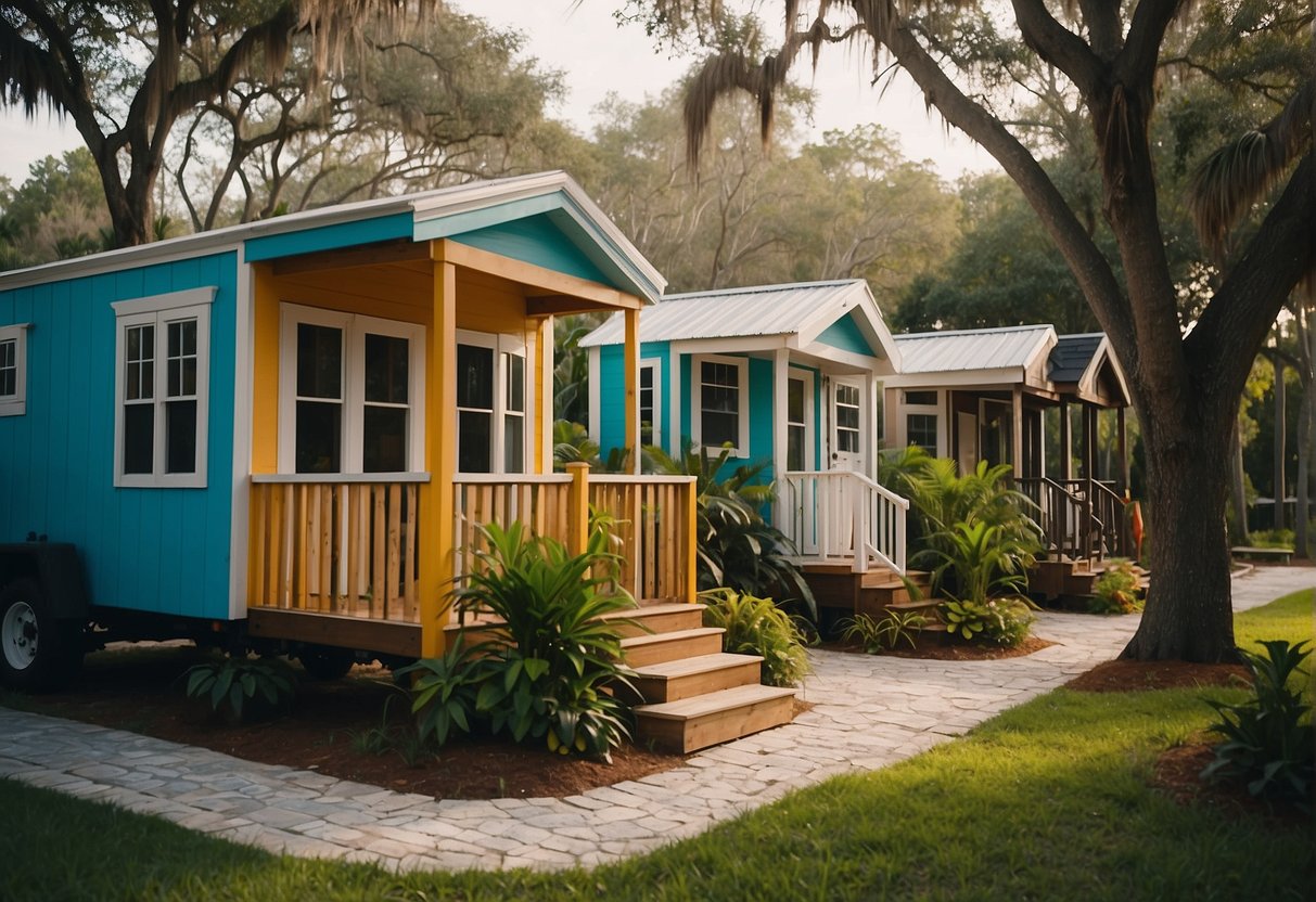 People wander through Florida tiny house communities, surrounded by colorful, compact homes and lush greenery