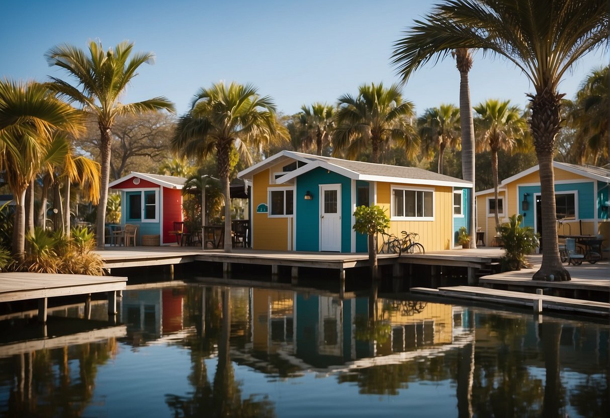 Tiny house community in Florida: palm trees, colorful houses, communal garden, outdoor seating, bike racks, community center, and a small lake with a dock