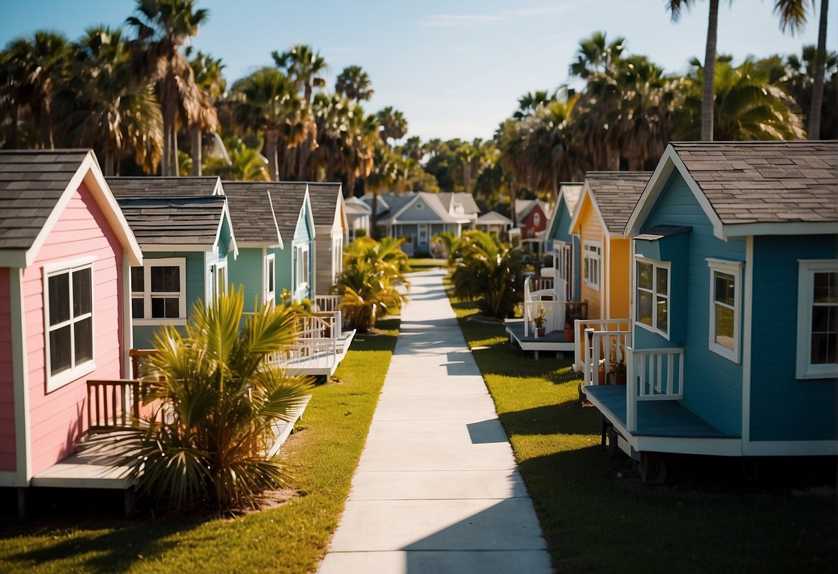 A cluster of tiny houses nestled in a sunny Florida community, with palm trees swaying in the background