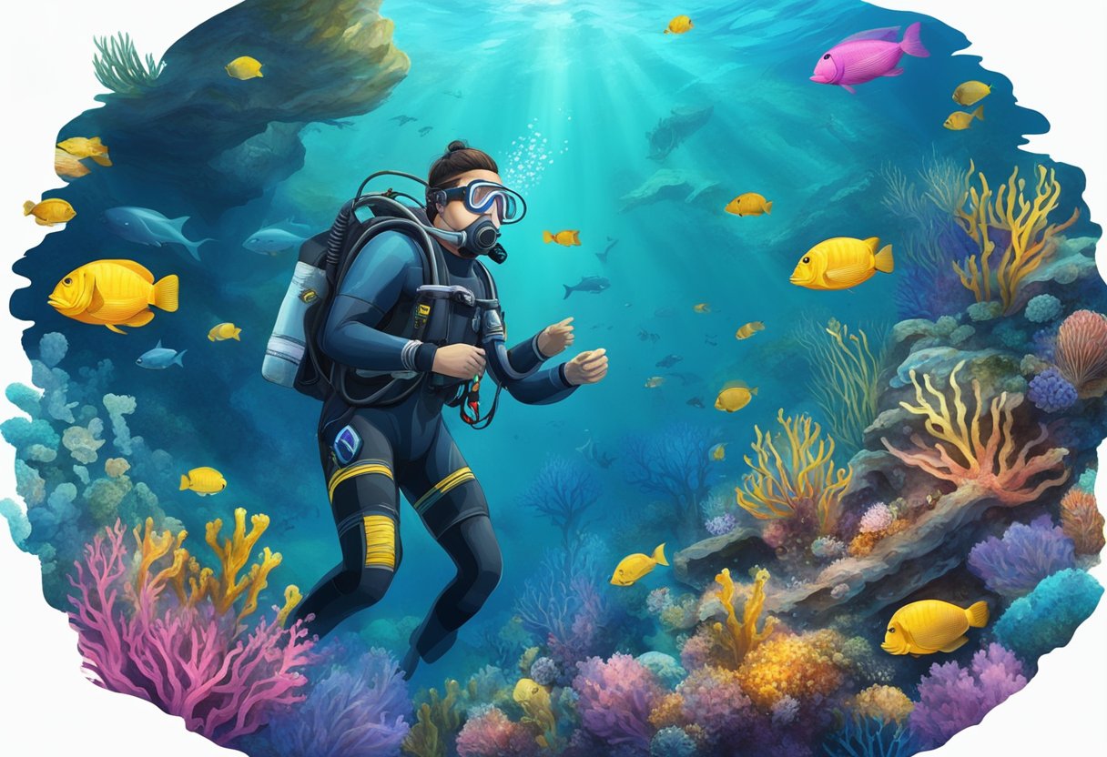 A diver explores a vibrant underwater world, surrounded by colorful marine life and ancient shipwrecks, seeking inspiration and motivation in the depths
