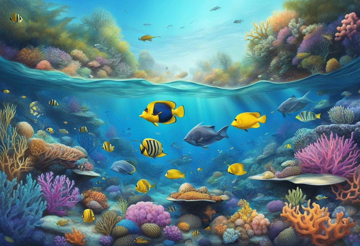 A diverse array of marine life thrives among vibrant coral reefs, symbolizing the interconnectedness of ecosystems and the importance of preservation