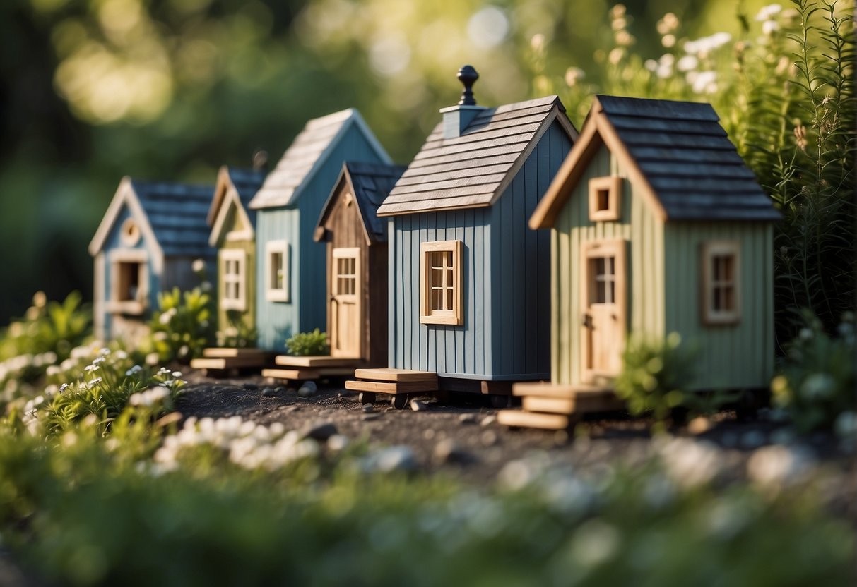 A row of charming tiny houses nestled in a picturesque setting, surrounded by lush greenery and a clear blue sky, evoking a sense of tranquility and simplicity