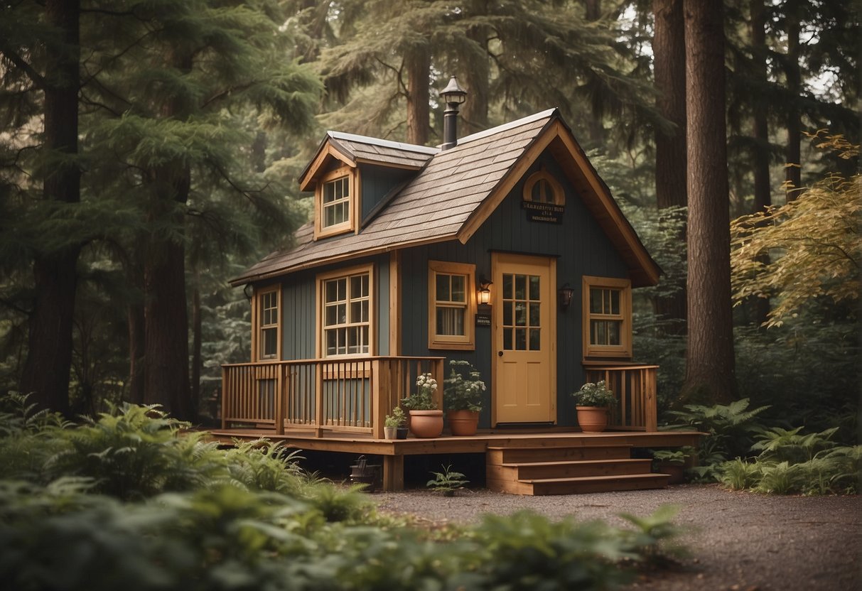 A tiny house surrounded by trees, with a "Frequently Asked Questions" sign in the foreground. The house is well-maintained and has a cozy, inviting feel