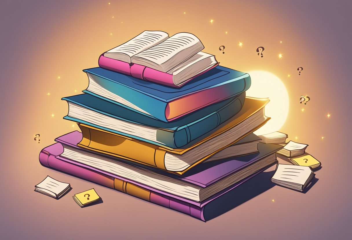 A stack of open books surrounded by question marks and illuminated by a spotlight