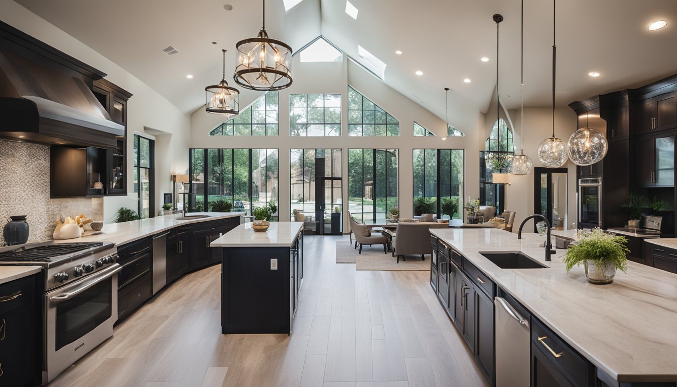 A local Houston realtor shows a family around a spacious home with a beautiful backyard and modern kitchen