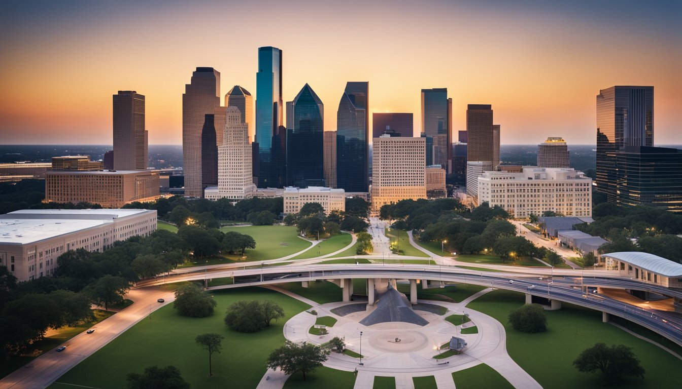 A bustling Houston skyline with a mix of modern high-rise buildings and historic architecture, surrounded by vibrant neighborhoods and diverse communities