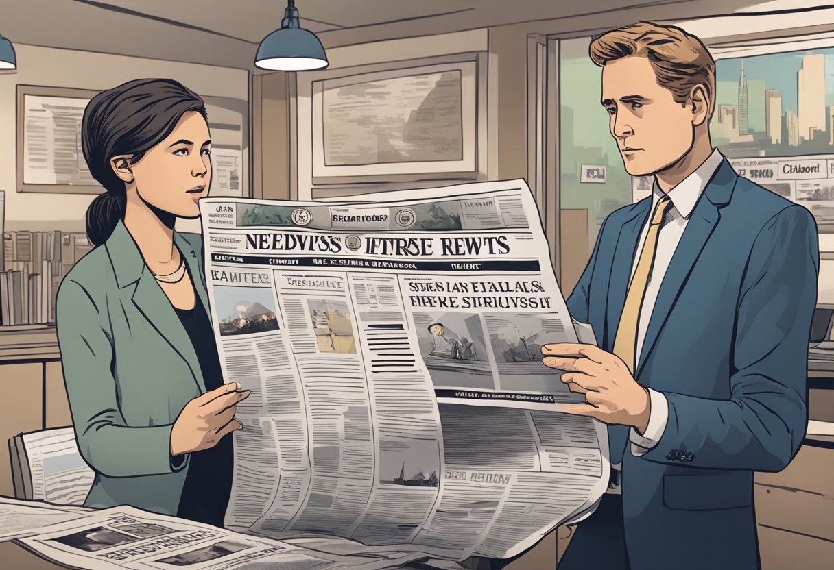 A person pointing at a newspaper headline, while another person looks skeptical. A TV in the background shows conflicting news reports