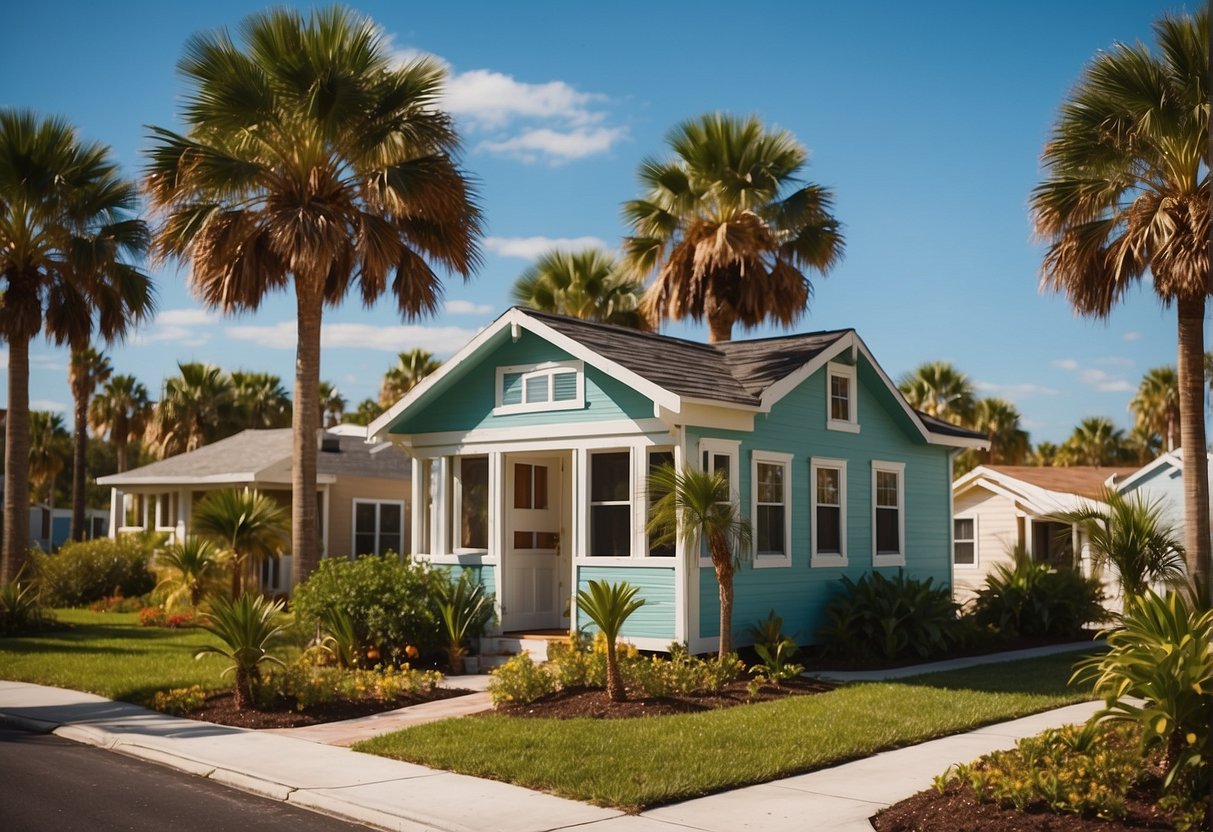 Tiny houses nestled among palm trees in a sunny Florida neighborhood, with colorful exteriors and lush landscaping