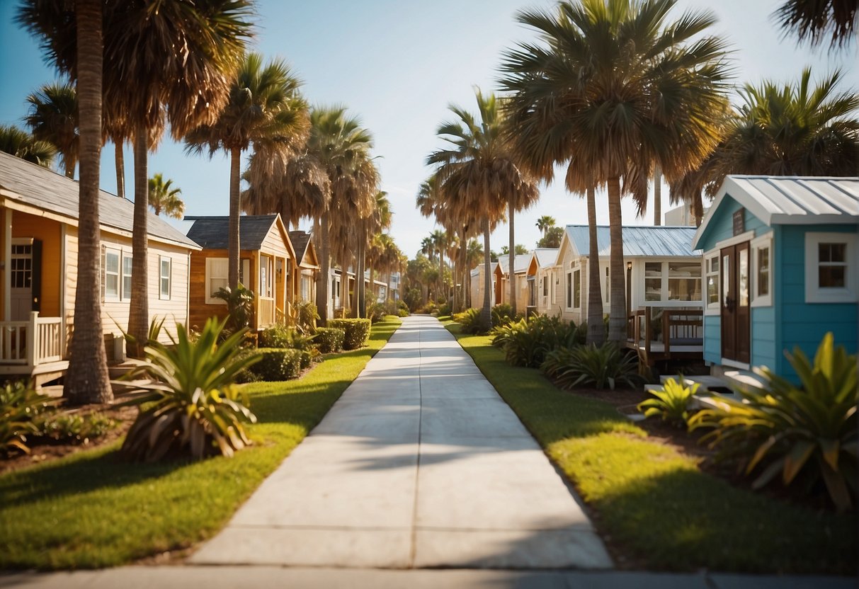 Tiny houses nestled among palm trees in a sunny Florida neighborhood, with a sign displaying "Legal Tiny House Zoning" in the foreground