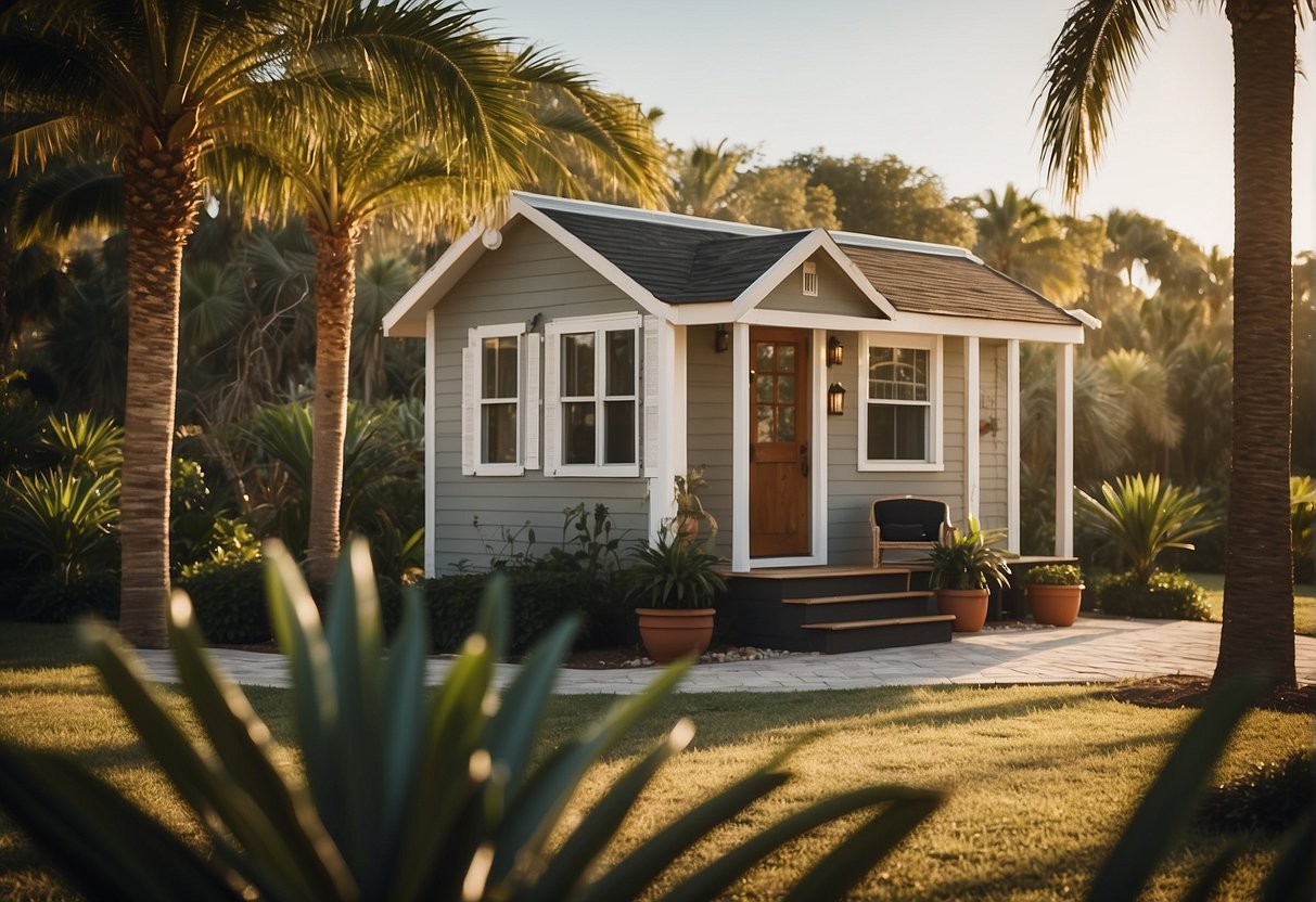 A tiny house nestled among palm trees in a sunny Florida landscape, with a sign reading "Frequently Asked Questions: Are tiny houses allowed in Florida?" visible in the foreground