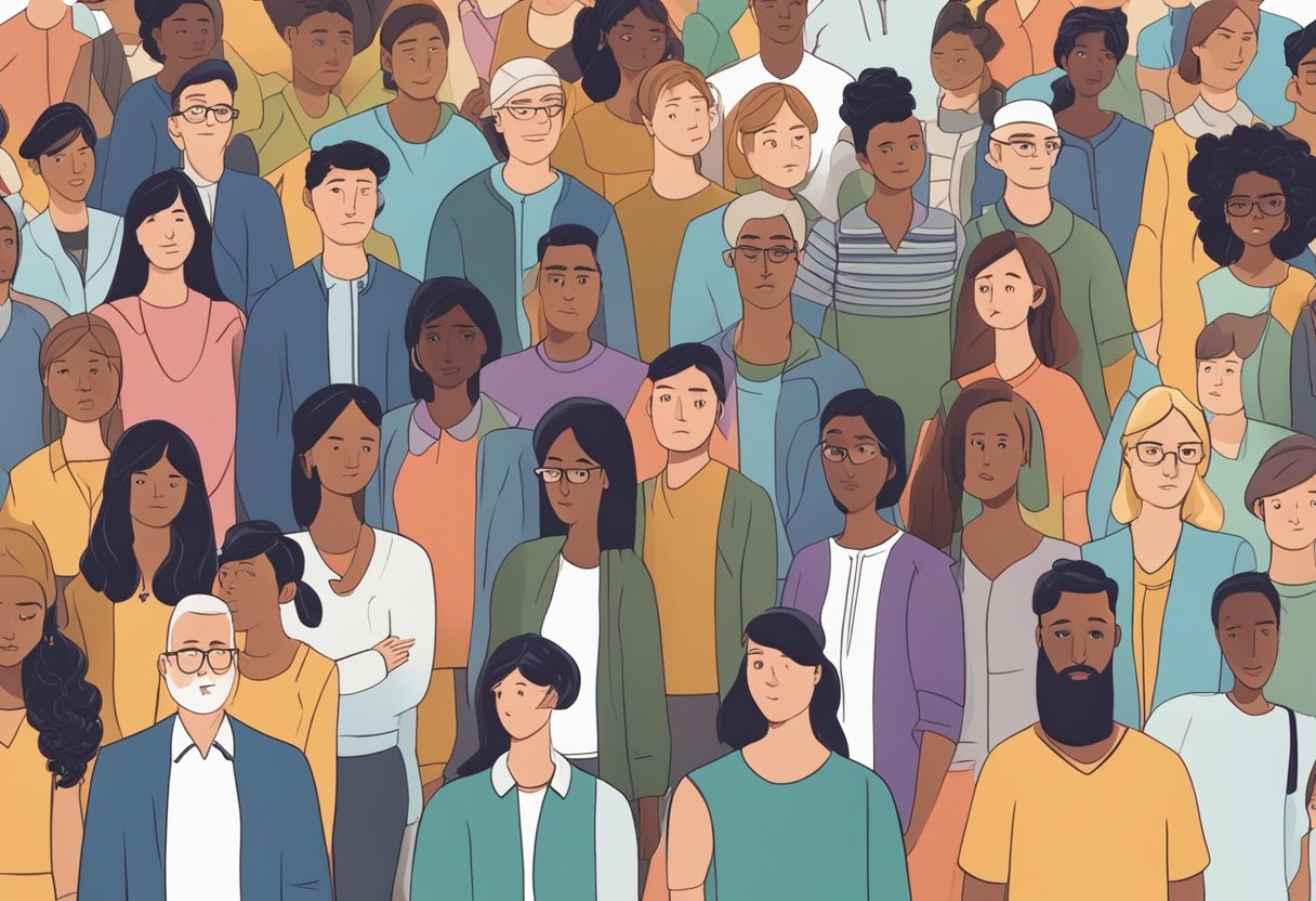 A diverse group of people engage in different activities, while others observe with judgmental expressions. The scene reflects cultural and social biases in everyday interactions