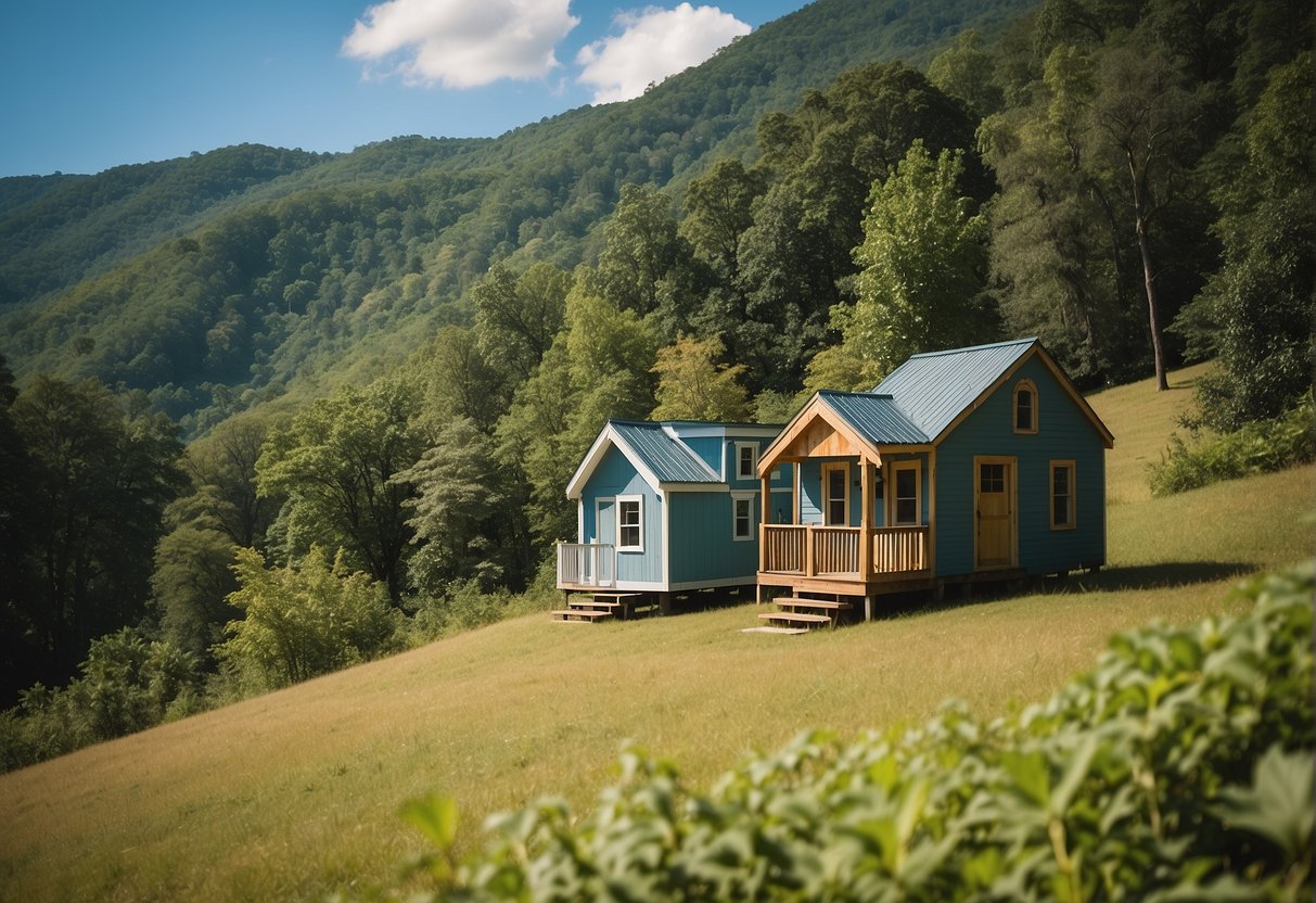 Tiny houses nestled among the lush greenery of Georgia, with rolling hills and clear blue skies in the background