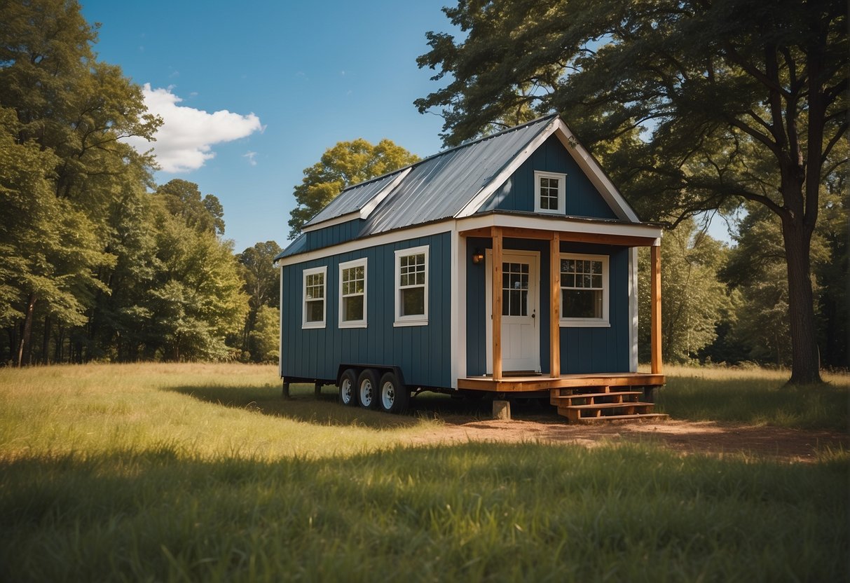 A tiny house sits on a spacious plot of land in Georgia, surrounded by greenery and under a clear blue sky. No people are present in the scene