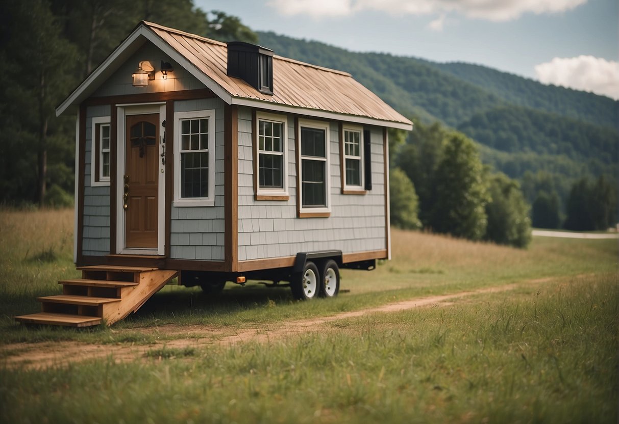 A tiny house nestled among Georgia's rolling hills, with a sign reading "Frequently Asked Questions: Are Tiny Houses Allowed in Georgia?" visible in the foreground