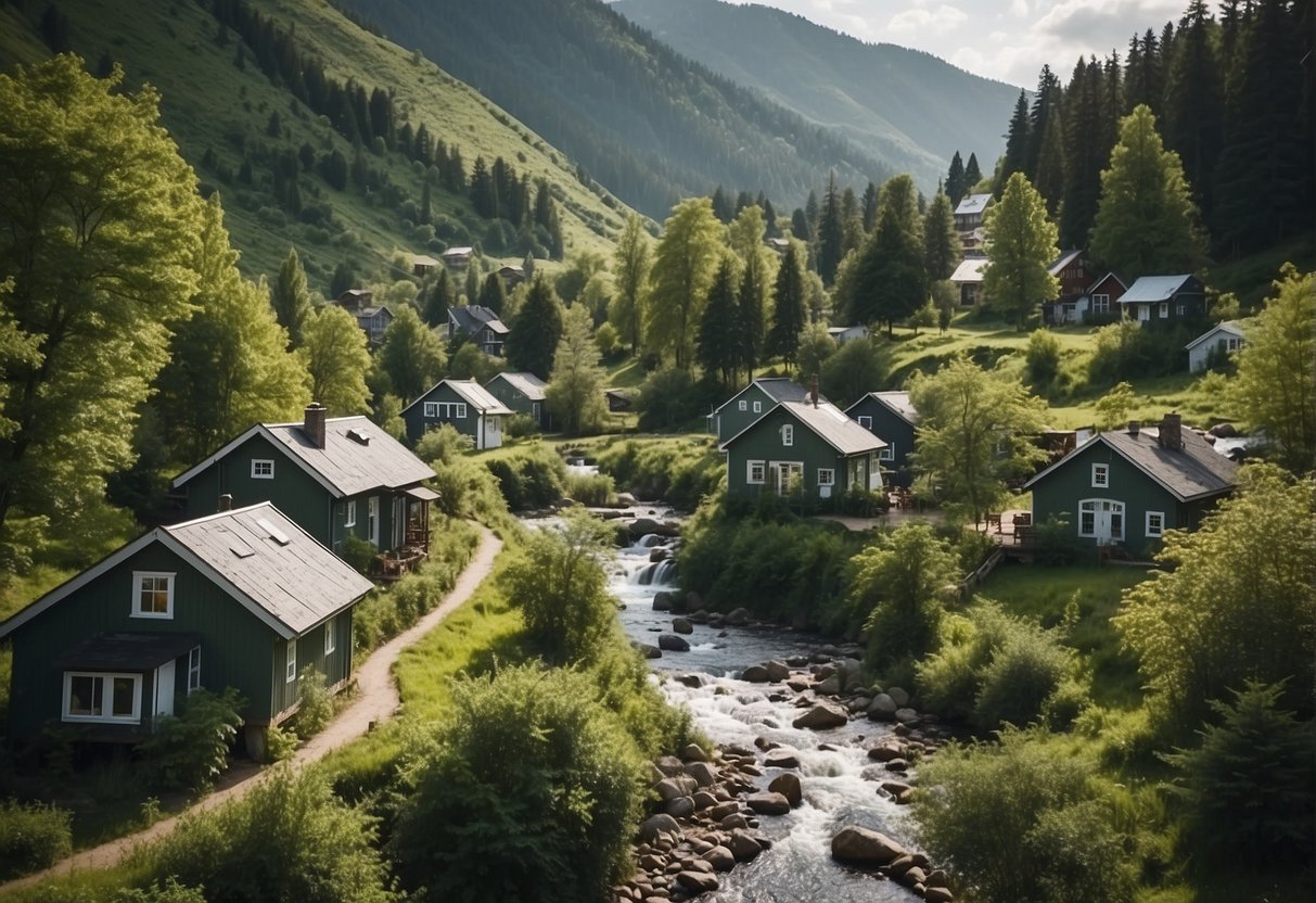 A lush green landscape with a cluster of small, eco-friendly houses nestled among trees and surrounded by a clear, flowing stream