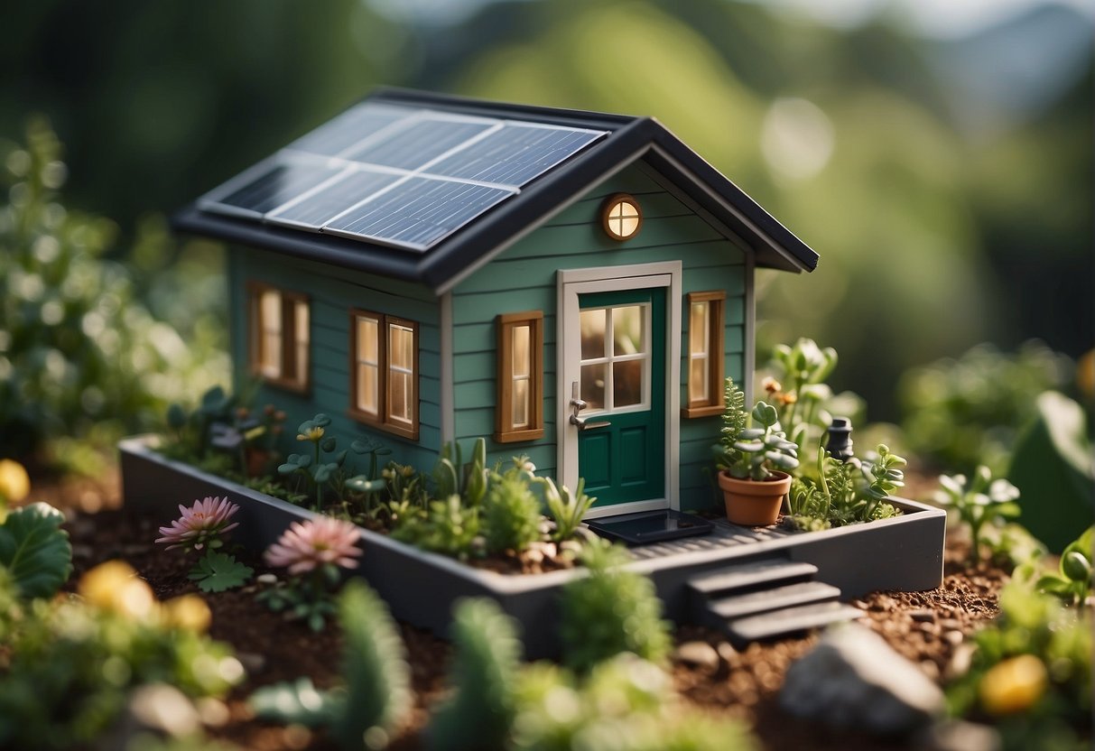 A tiny house nestled in a lush, green landscape with solar panels on the roof, a rainwater collection system, and a small garden for growing vegetables