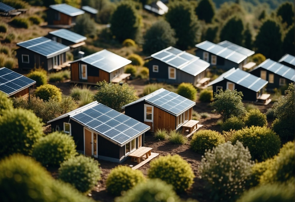 A small village of eco-friendly tiny houses nestled among lush green trees and surrounded by solar panels and composting systems