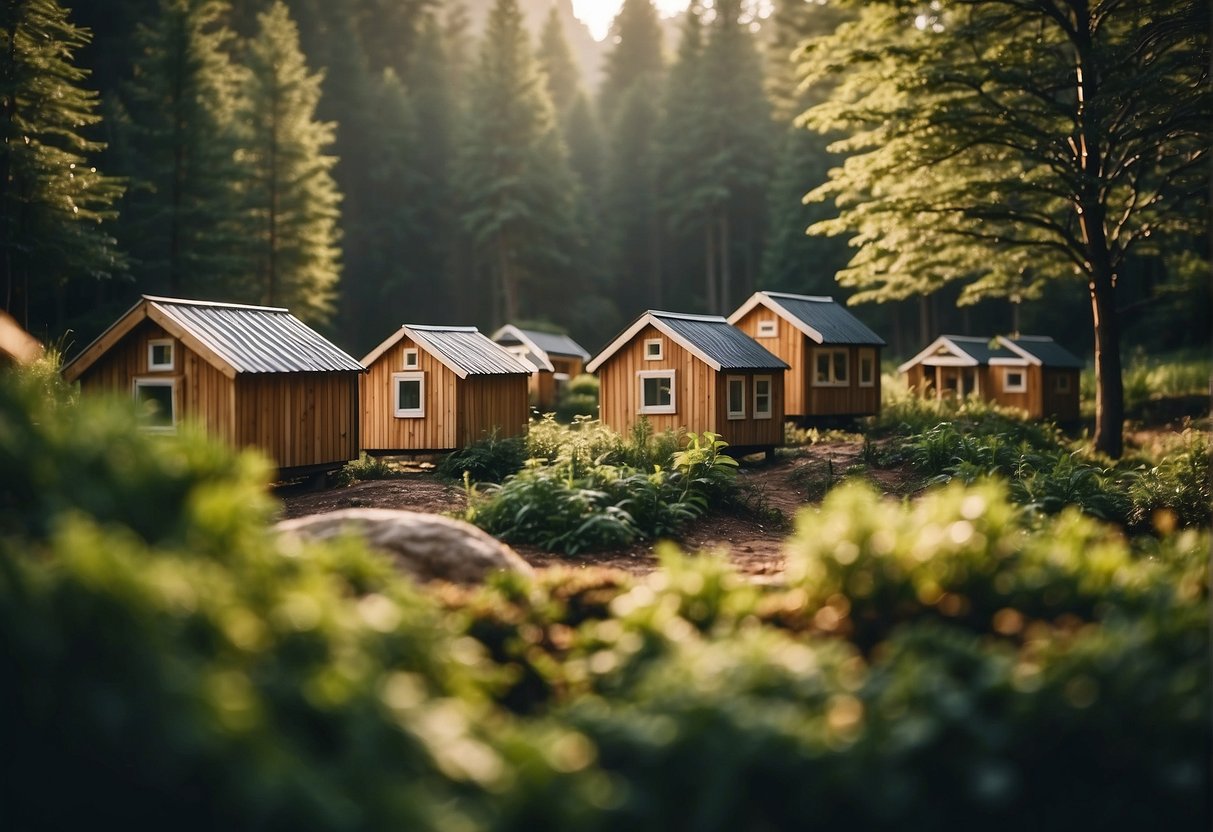 A serene landscape with tiny houses nestled among trees, emitting zero emissions and surrounded by lush greenery