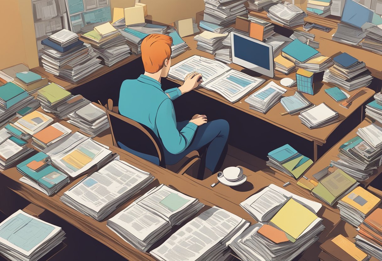 A person sitting at a desk, surrounded by various sources of information like books, newspapers, and websites. The person is carefully examining each source for signs of bias