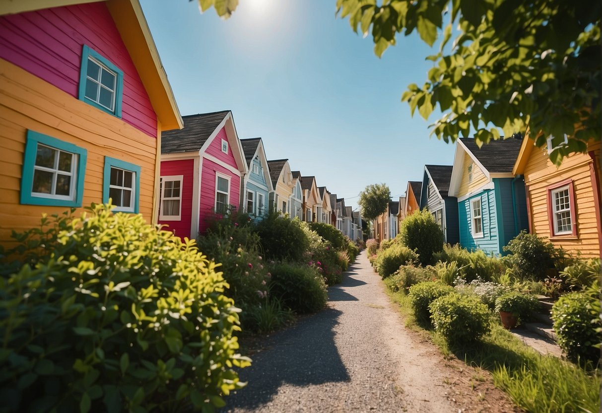 A row of small, colorful houses nestled closely together, surrounded by greenery and a clear blue sky above