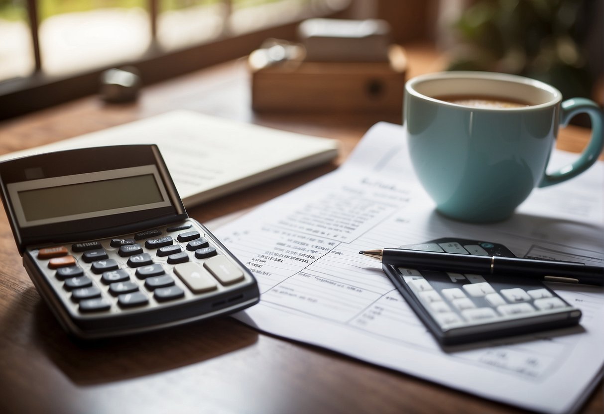 A table with charts and graphs comparing costs of tiny houses to traditional homes. A calculator and notepad with calculations