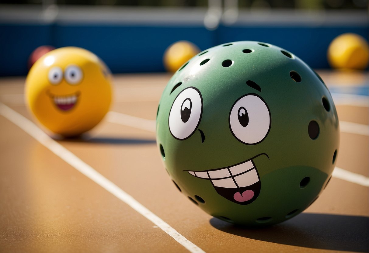 A pickleball with a goofy face and a speech bubble with a witty quote, surrounded by laughing pickleball paddles
