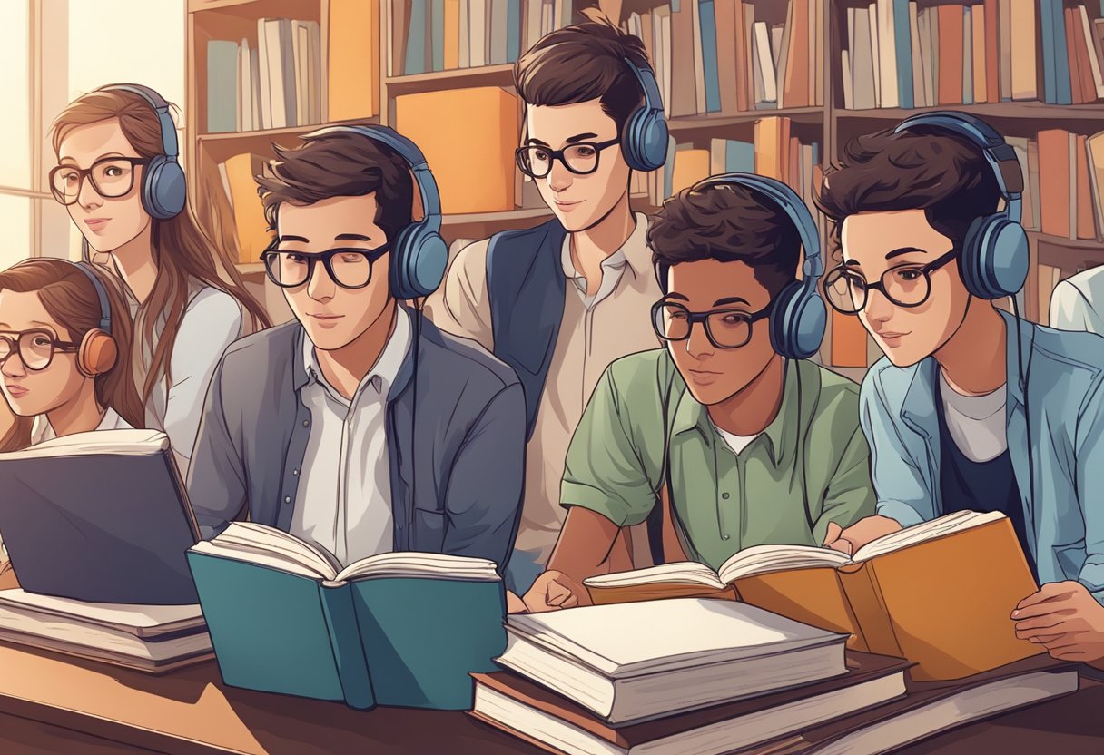 A group of attentive ears leaning in, capturing the sound waves of a speaker's voice, with a backdrop of books and learning materials