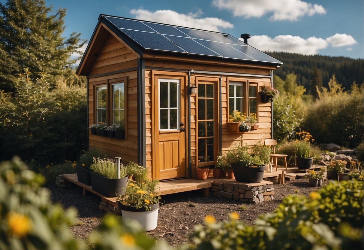 A tiny house surrounded by nature, with solar panels on the roof and a small garden. A composting toilet, rainwater collection system, and efficient use of space