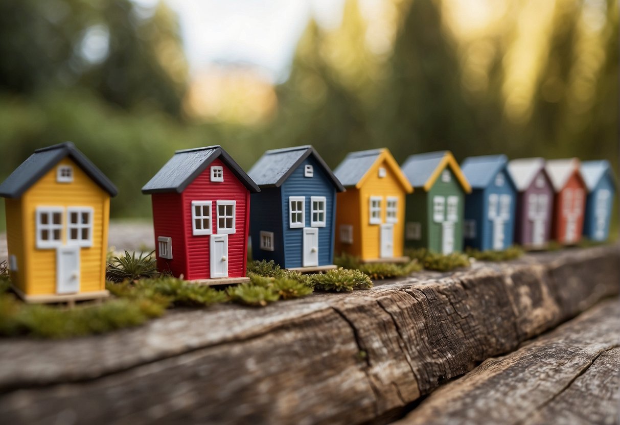 A row of tiny houses, nestled closely together, with a sign reading "Frequently Asked Questions: Are Tiny Houses Cheaper?" in front