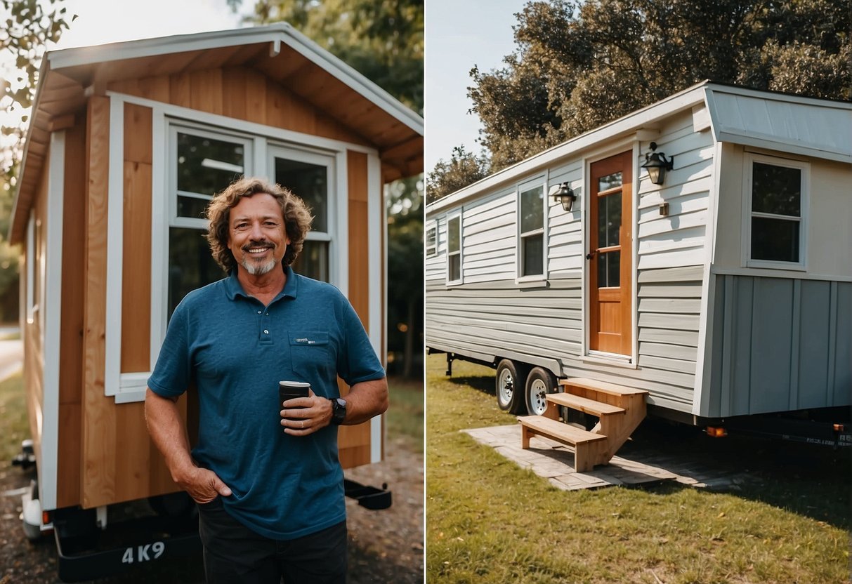 A tiny house on wheels parked next to a traditional mobile home, with a person inside each, comparing their space and lifestyle