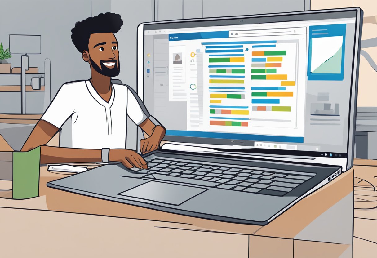 An open laptop with the Outlook 365 interface displayed on the screen, showing the process of setting up an email signature. A puzzled expression is indicated on the screen