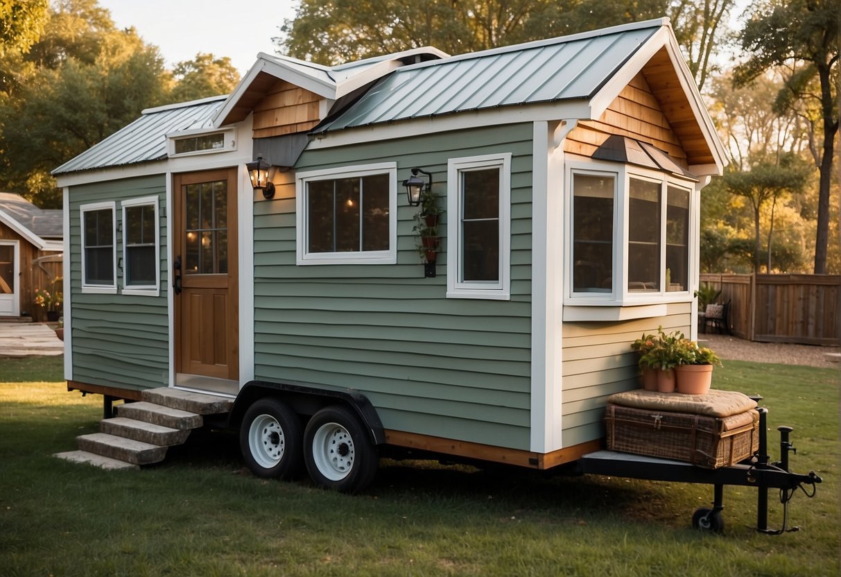 A tiny house on wheels next to a traditional mobile home, both with "Frequently Asked Questions" written on them